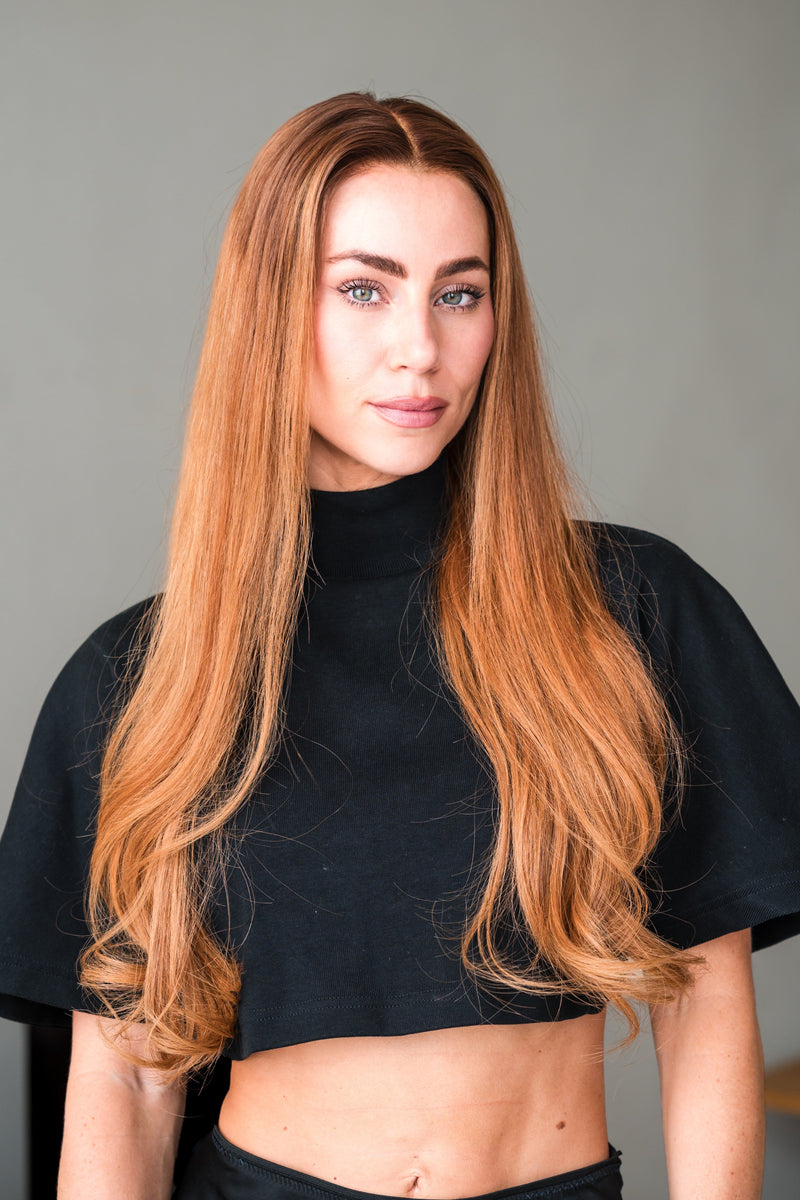 Bella Haire Siena, a 22 inch copper auburn glueless HD lace wig, worn front-on