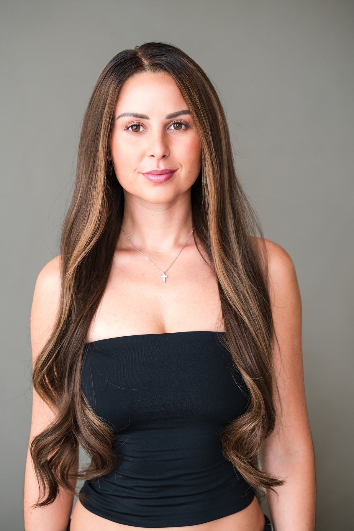 Bella Haire Celine, a 22 inch deep brunette glueless HD lace wig, worn front-on